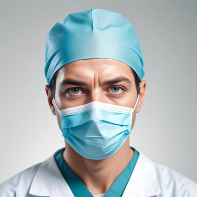 A masked doctor in a surgical cap gazes at the camera
