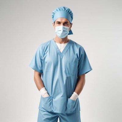 Male doctor in blue scrubs stands by a white wall