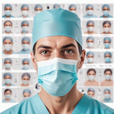 A masked doctor in scrubs gazes at the camera