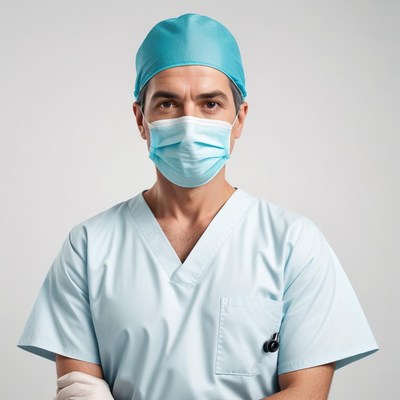 A doctor wearing scrubs and a mask stands in a hospital