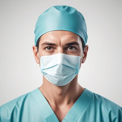 A male doctor wearing a surgical mask and cap