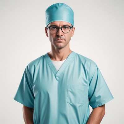 Man in scrubs and cap stands before a white backdrop