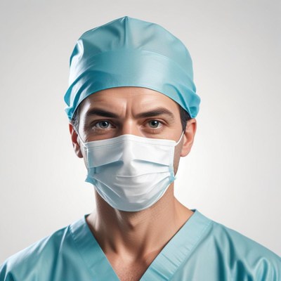 Man in surgical cap and mask faces camera
