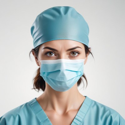 A woman in a surgical cap and mask looks at the camera