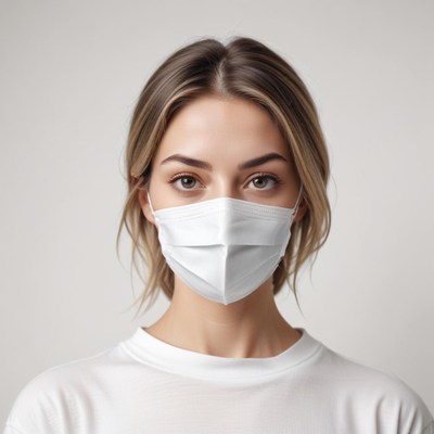 A woman wearing a white face mask