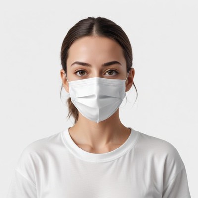A woman wears a white face mask