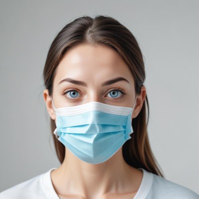 A woman wearing a blue face mask