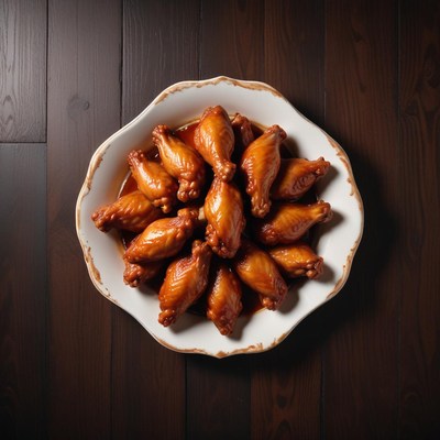 A plate of glazed chicken wings on a wooden table
