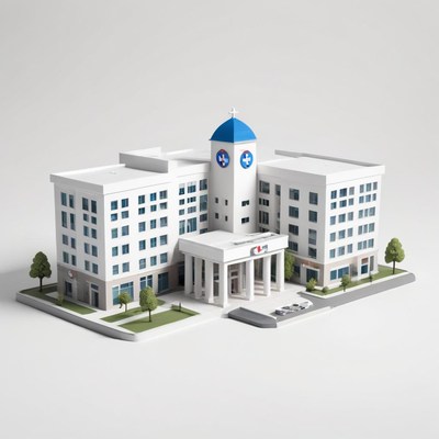 A miniature hospital model on a white background
