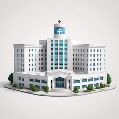 A white hospital building with a red cross
