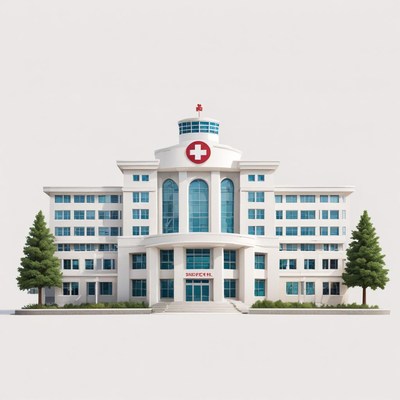 A white hospital building with a red cross