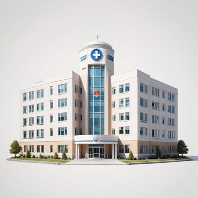 A modern hospital building with a blue cross logo