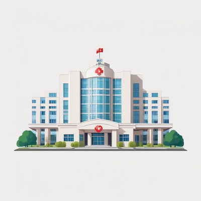 Large white hospital with red cross