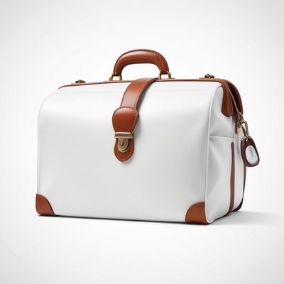 A white leather doctor bag with brown accents