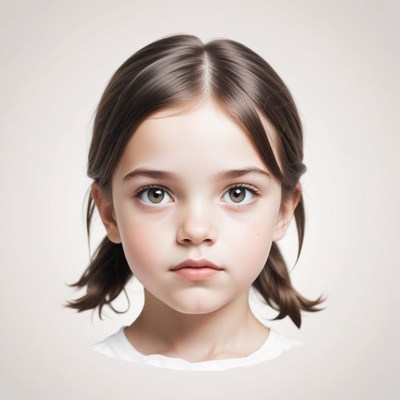 A young girl with brown hair looks at the camera