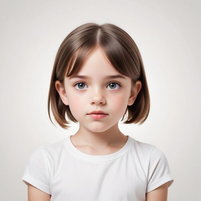 A young girl with brown hair stares intently at the camera
