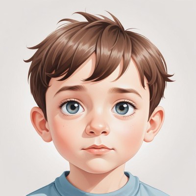 A young boy with brown hair looks up thoughtfully