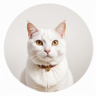 A white cat with brown eyes stares directly at the camera