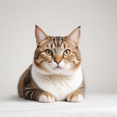 A brown tabby cat with white paws stares at the camera