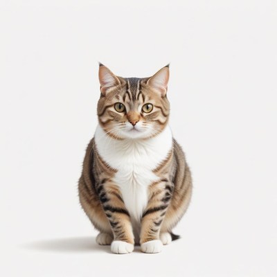A tabby cat sits in front of a white background