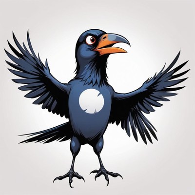 Blue crow with a white chest circle spreads wings