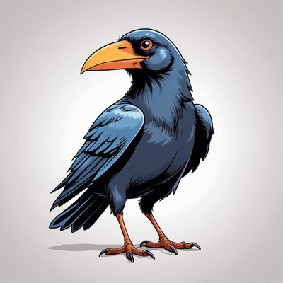 A blue crow stands on a gray background