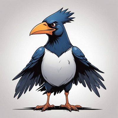 Crested blue and white bird stands with wings spread