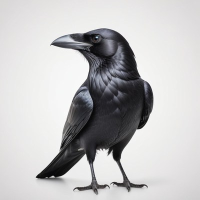 A black crow stands on a white background