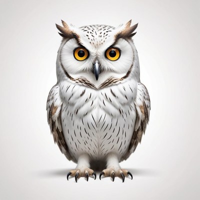 A snowy owl with yellow eyes on a white background