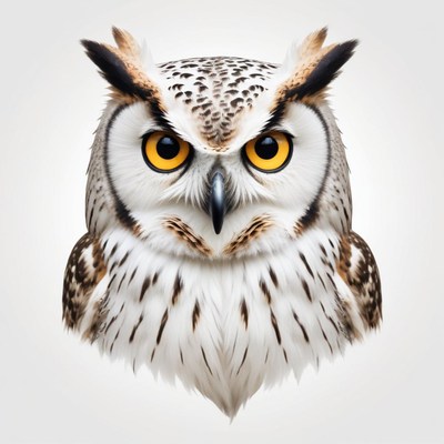 A snowy owl stares intently at the camera