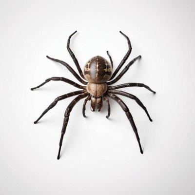 A black spider sits on a white surface