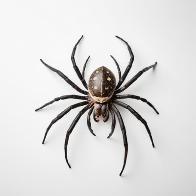 A black and white spider sits on a white surface