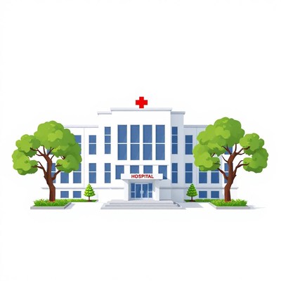 A white hospital building with red cross