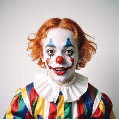 A young clown smiles at the camera