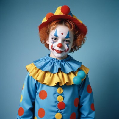 A child dressed as a clown smiles