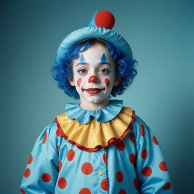 A young girl dressed as a clown smiles for the camera