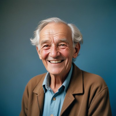 A smiling older man with white hair poses for a portrait