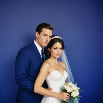 A bride and groom pose for a photo