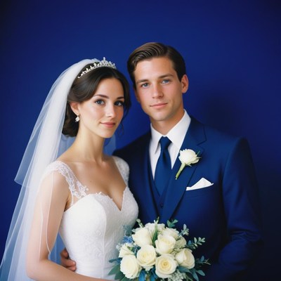 A bride and groom pose for a photo