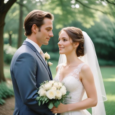 A bride and groom smile at each other in a garden