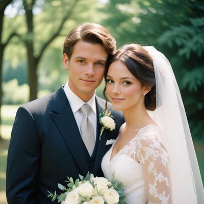 Bride and groom in park