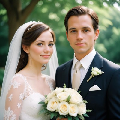 A bride and groom pose for a wedding photo