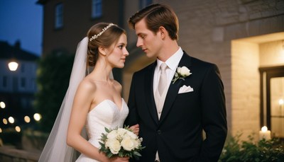 A bride and groom stand together after their wedding