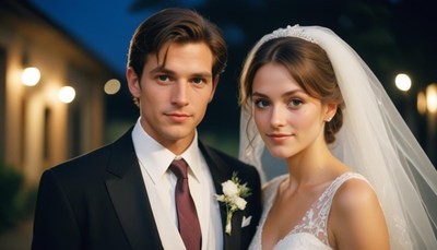 A happy couple poses for a wedding photo at night