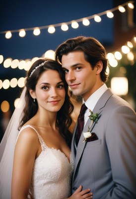 A newlywed couple poses for a photo under string lights