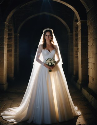 A bride stands in a stone archway