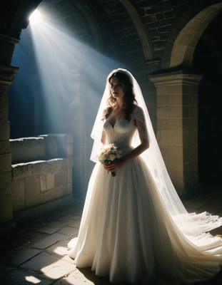 A bride stands in a stone hallway