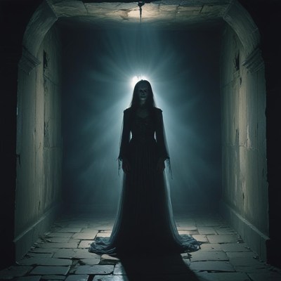 A woman in a long dress stands in a dark hallway