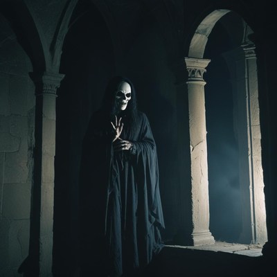 A figure in a black robe stands in a dark, ancient hallway