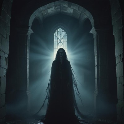 A woman stands in a dark hallway